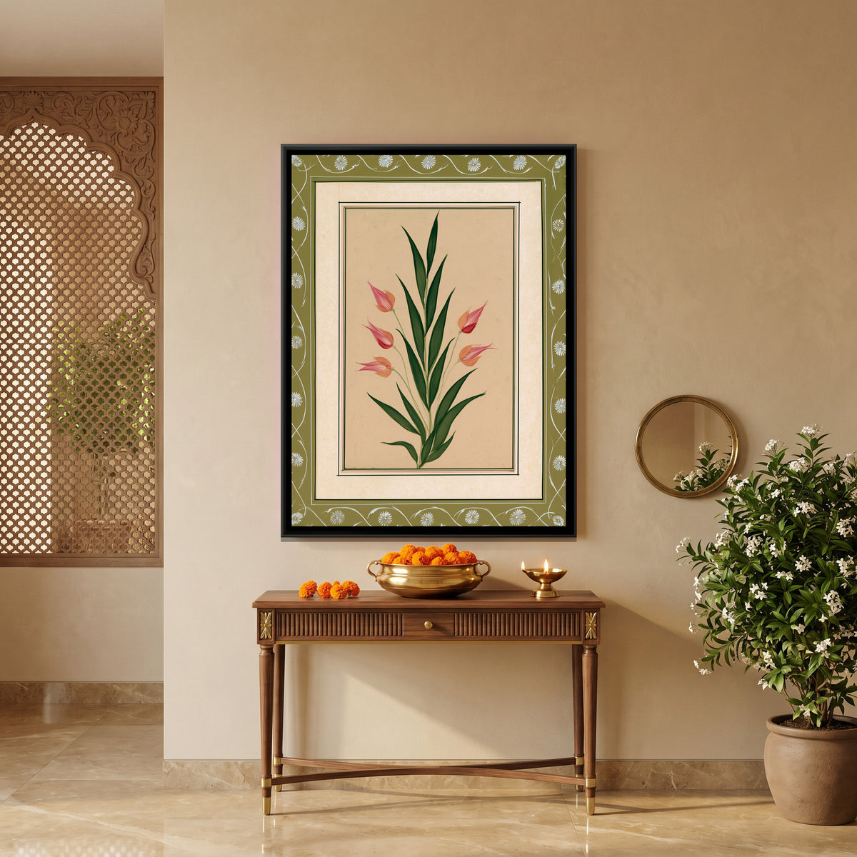 Mughal Tulips — canvas art shown in a second room setting