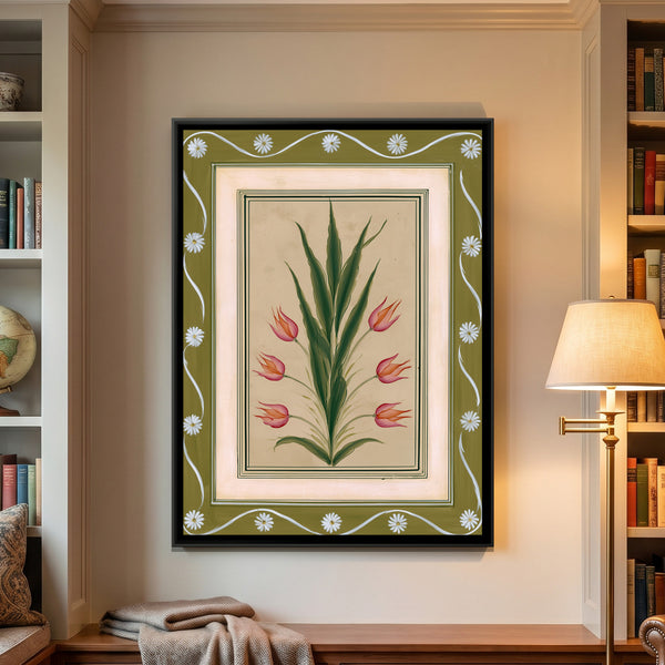 Mughal Tulips — framed canvas art hung on a wall