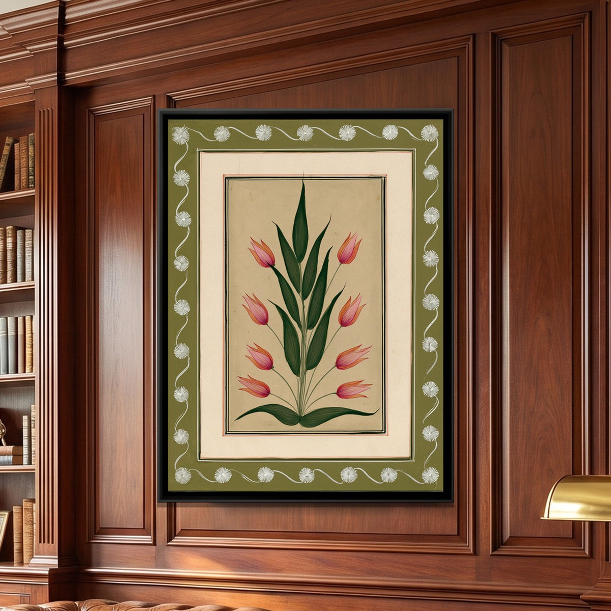 Mughal Tulips — framed canvas art hung on a wall