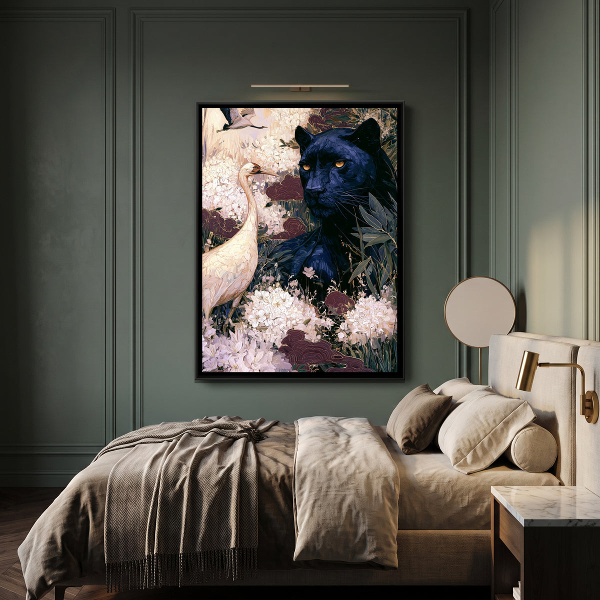 Black Panther and Cranes — canvas art shown in a styled room