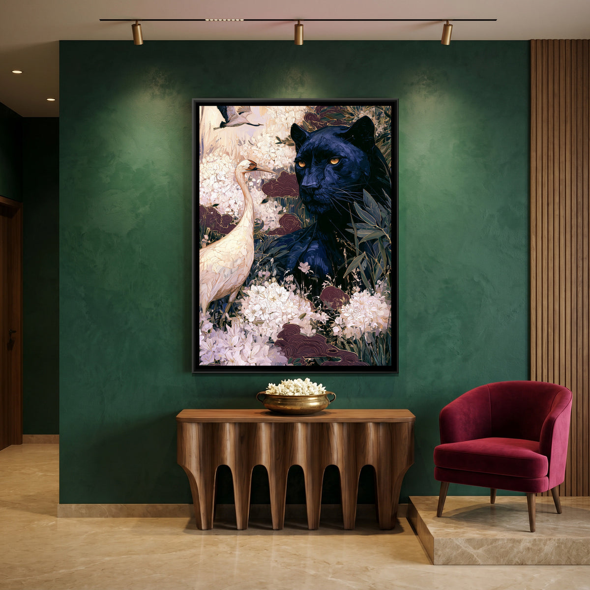 Black Panther and Cranes — canvas art shown in a second room setting