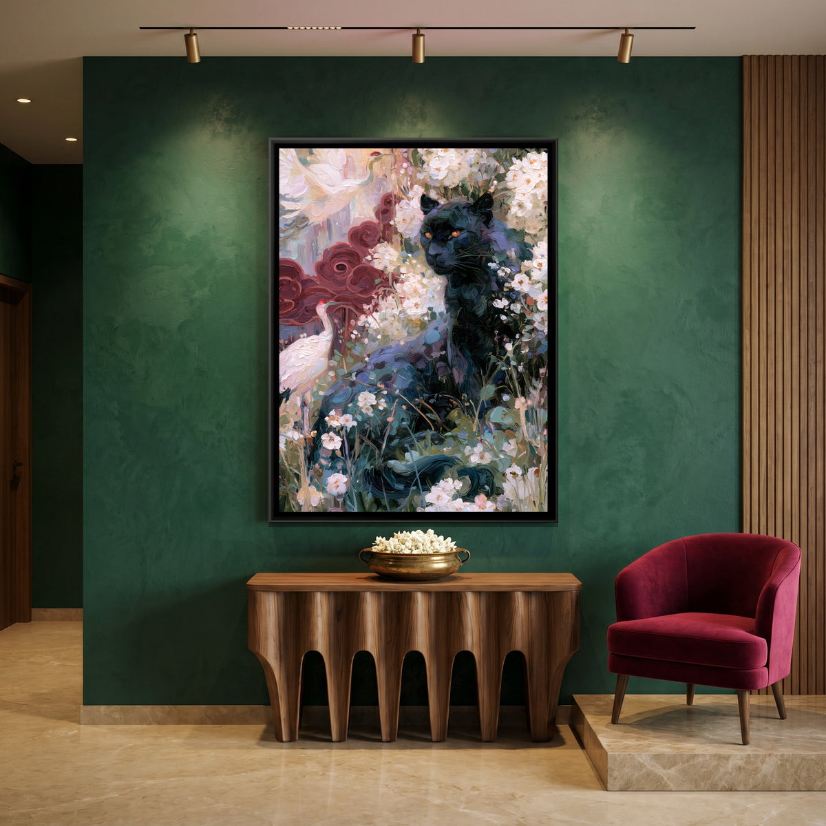 Black Panther and Cranes — canvas art shown in a styled room