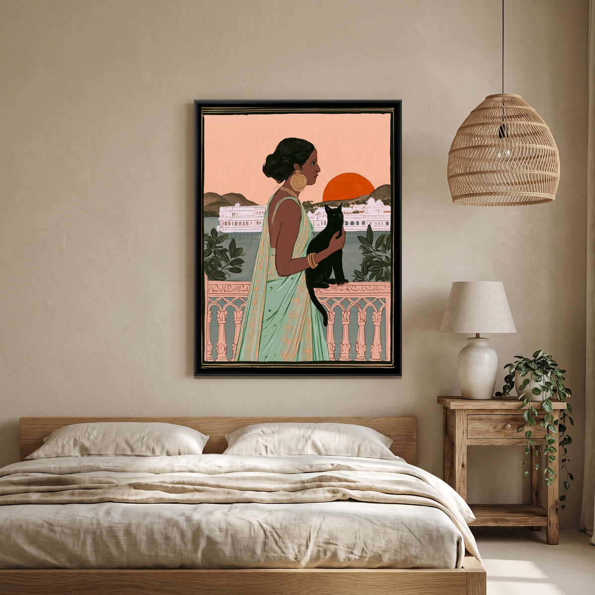 Woman with Black Cat — canvas art shown in a styled room