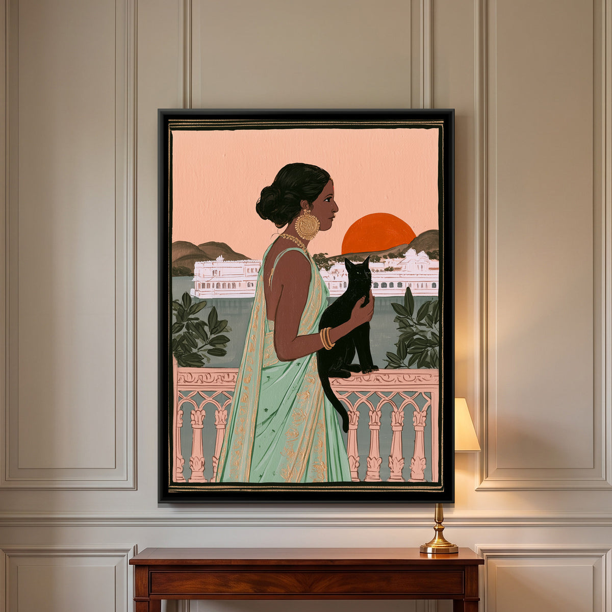 Woman with Black Cat — framed canvas art hung on a wall