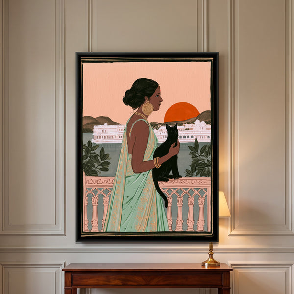 Woman with Black Cat — framed canvas art hung on a wall