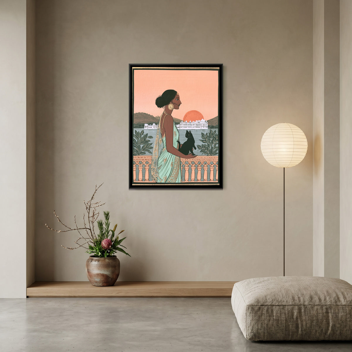 Woman with Black Cat — canvas art shown in a styled room