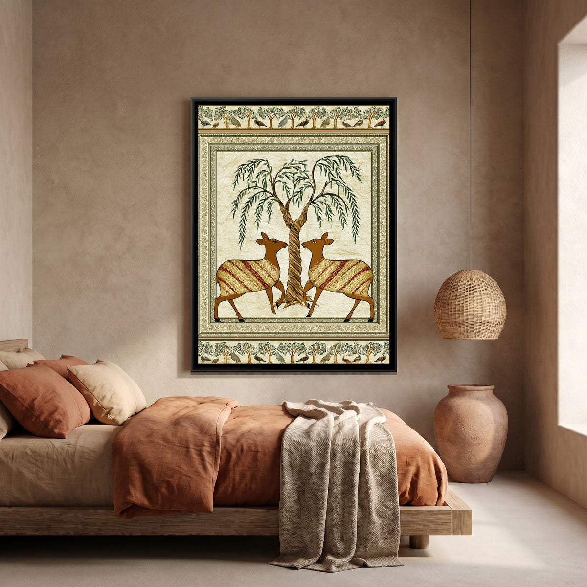 Two Deer Tree of Life — canvas art shown in a second room setting
