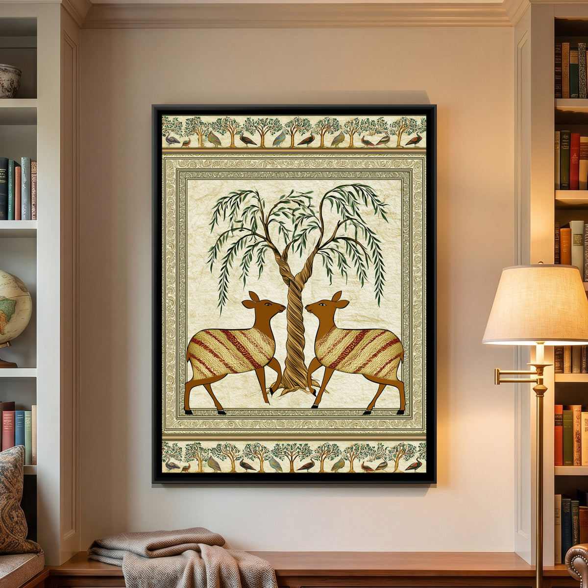 Two Deer Tree of Life — framed canvas art hung on a wall
