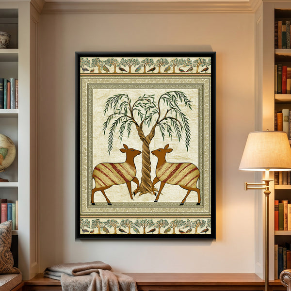 Two Deer Tree of Life — framed canvas art hung on a wall