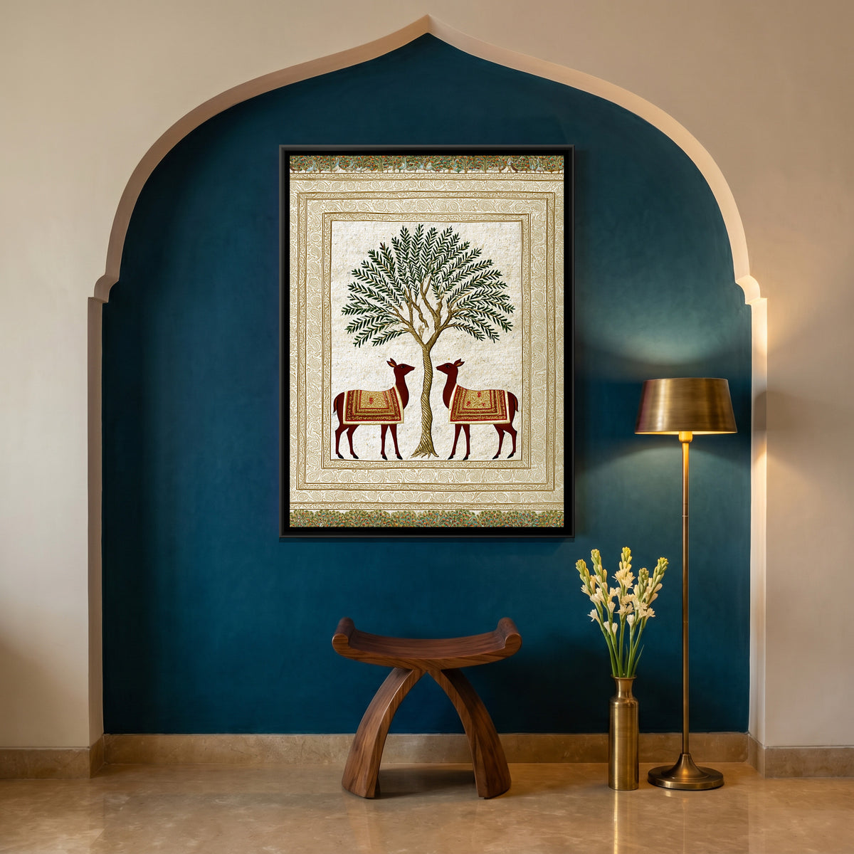 Two Deer Tree of Life — canvas art shown in a styled room