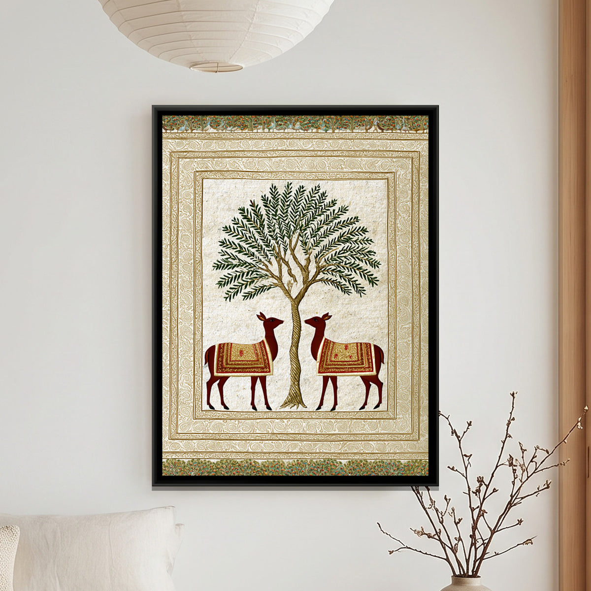 Two Deer Tree of Life — framed canvas art hung on a wall