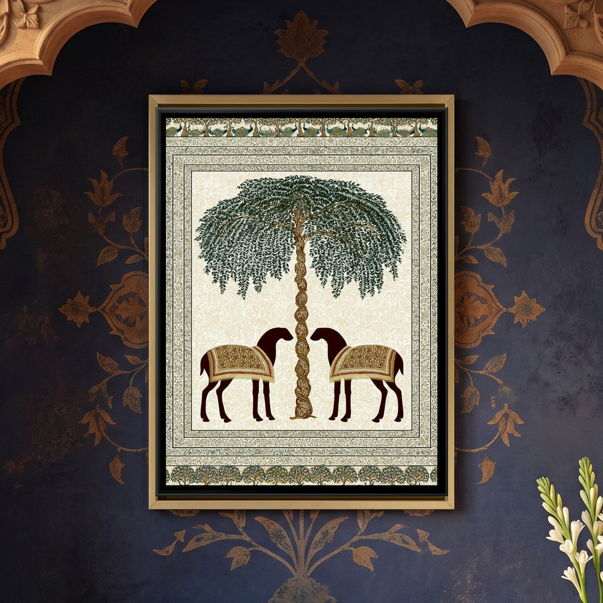 Two Deer Tree of Life — framed canvas art hung on a wall