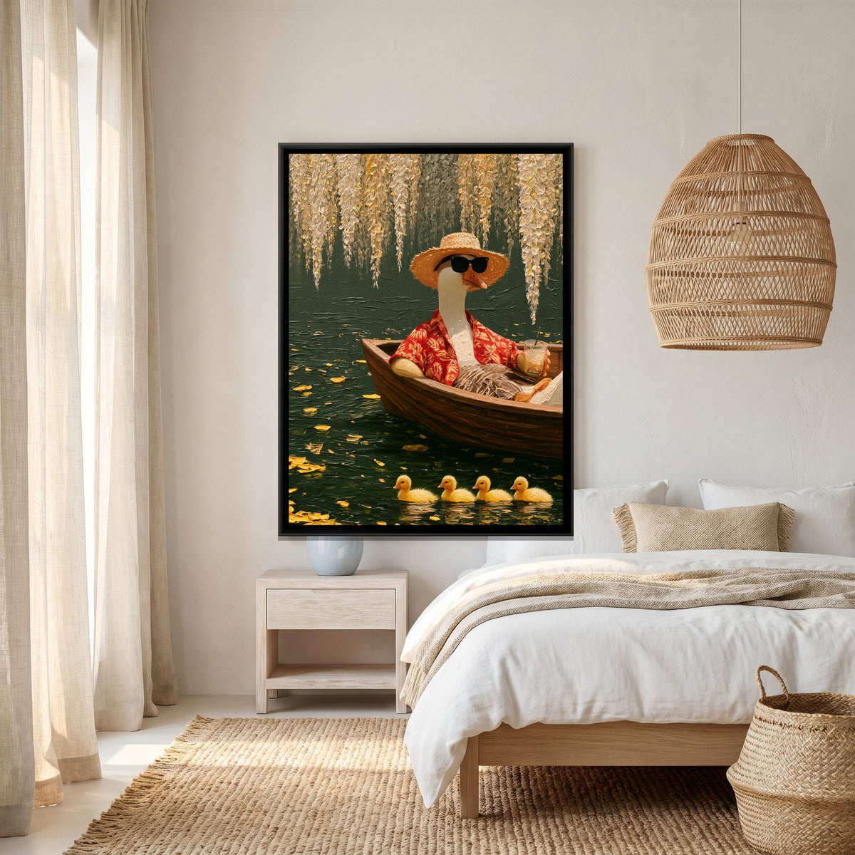 Goose in Sunglasses — canvas art shown in a styled room
