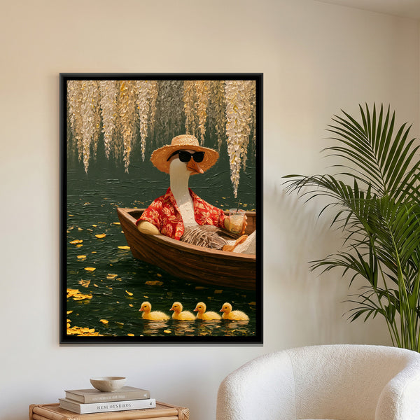 Goose in Sunglasses — framed canvas art hung on a wall