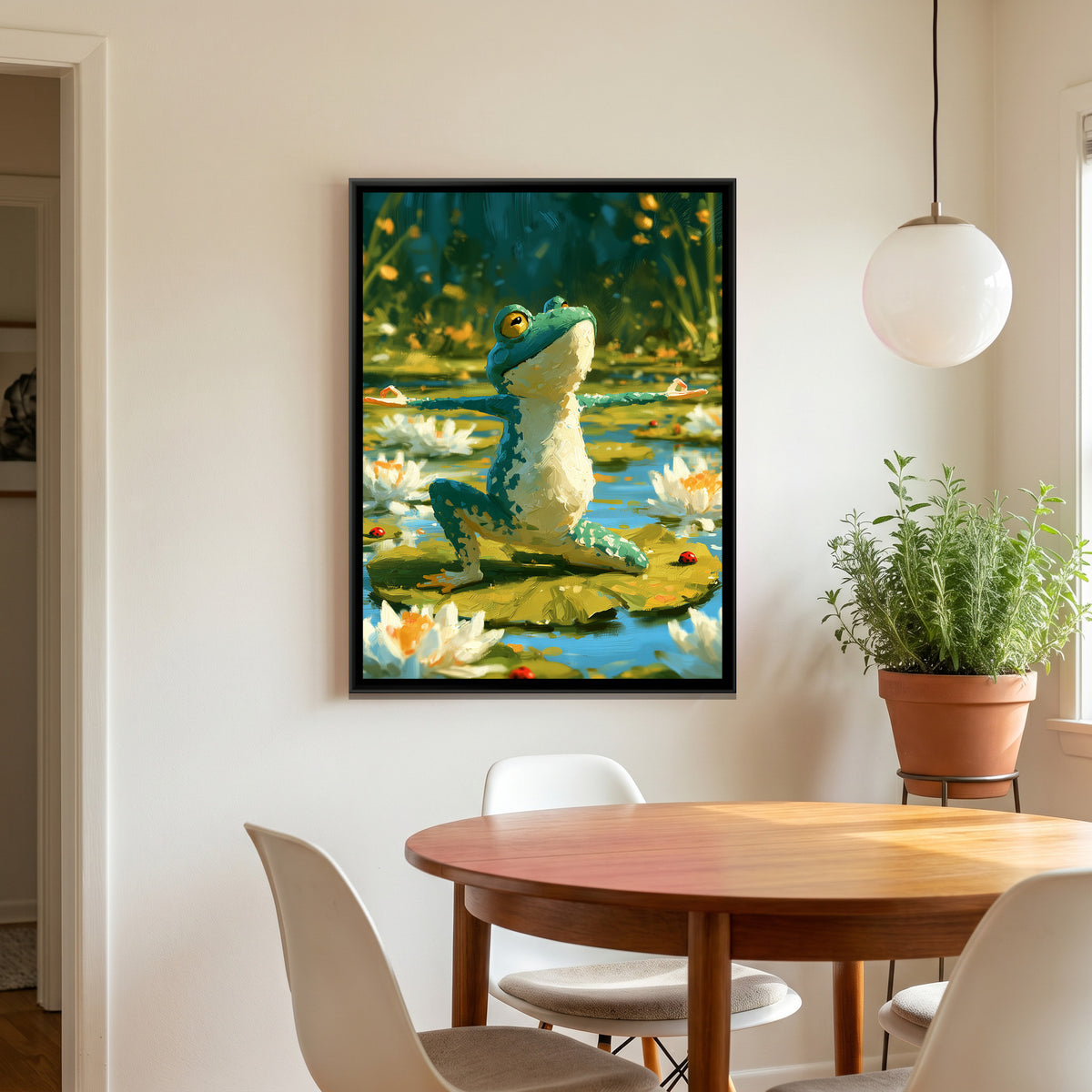 Yoga Frog — canvas art shown in a second room setting