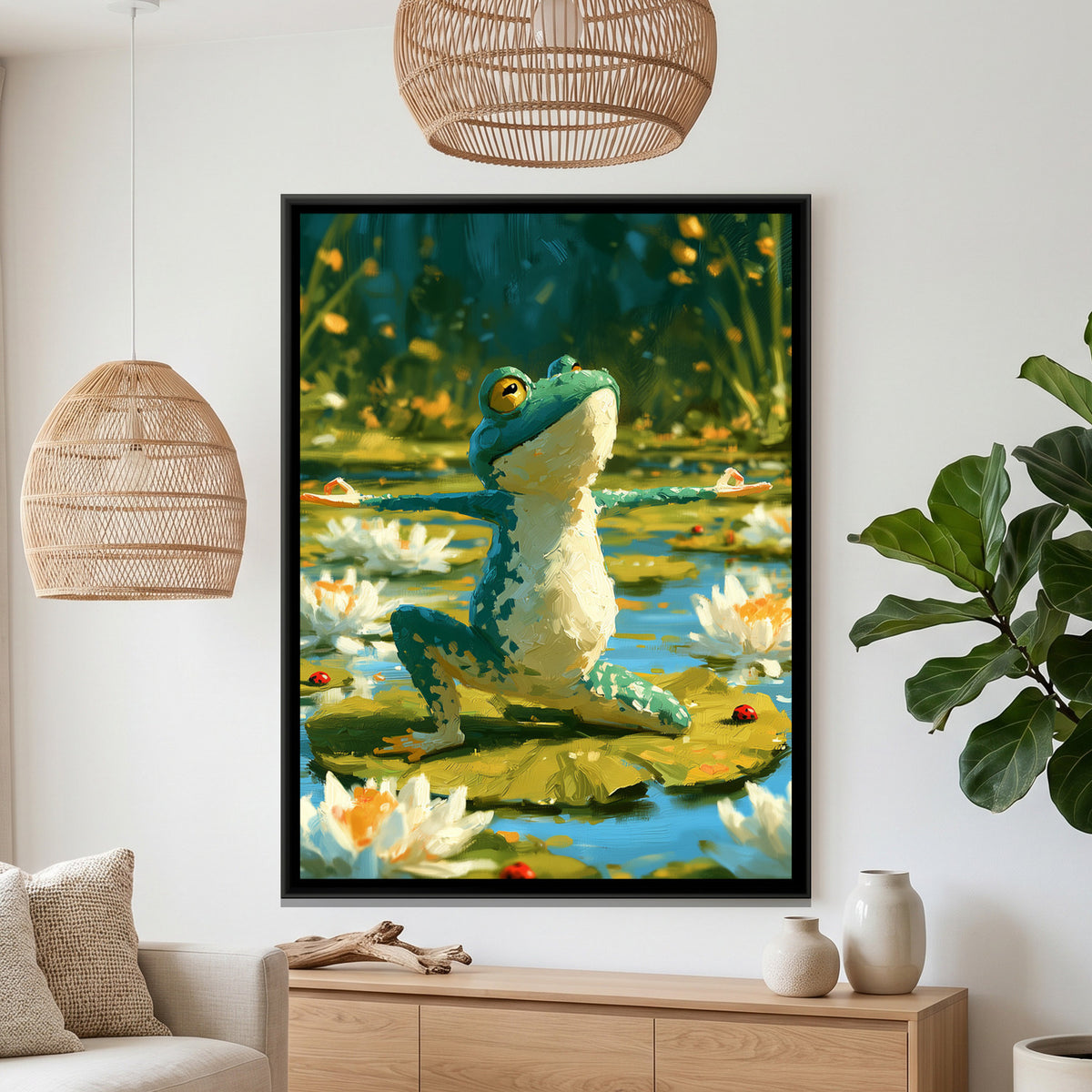 Yoga Frog — framed canvas art hung on a wall