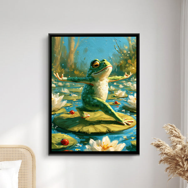 Yoga Frog — framed canvas art hung on a wall