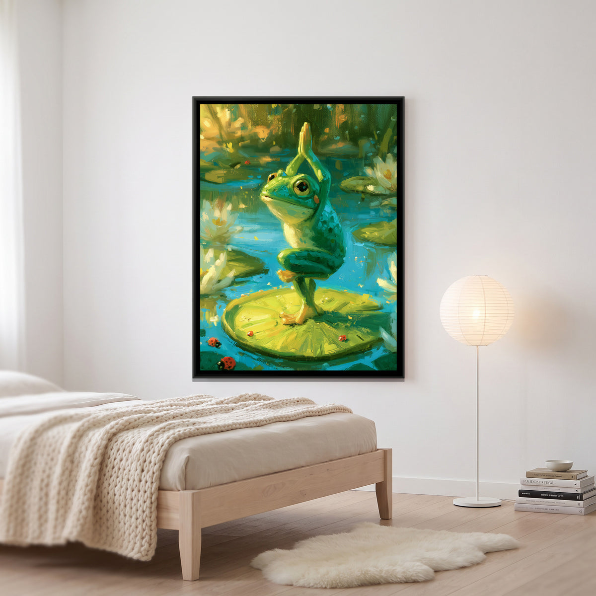 Yoga Frog — canvas art shown in a second room setting