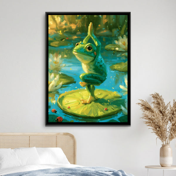 Yoga Frog — framed canvas art hung on a wall