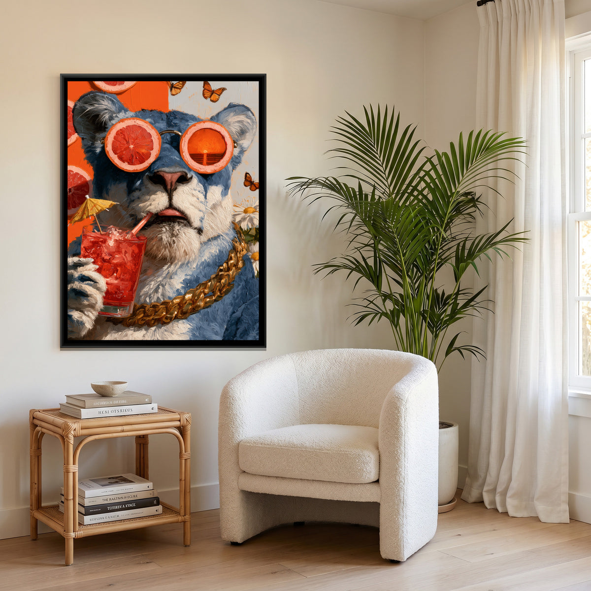 Lioness in Sunglasses — canvas art shown in a second room setting