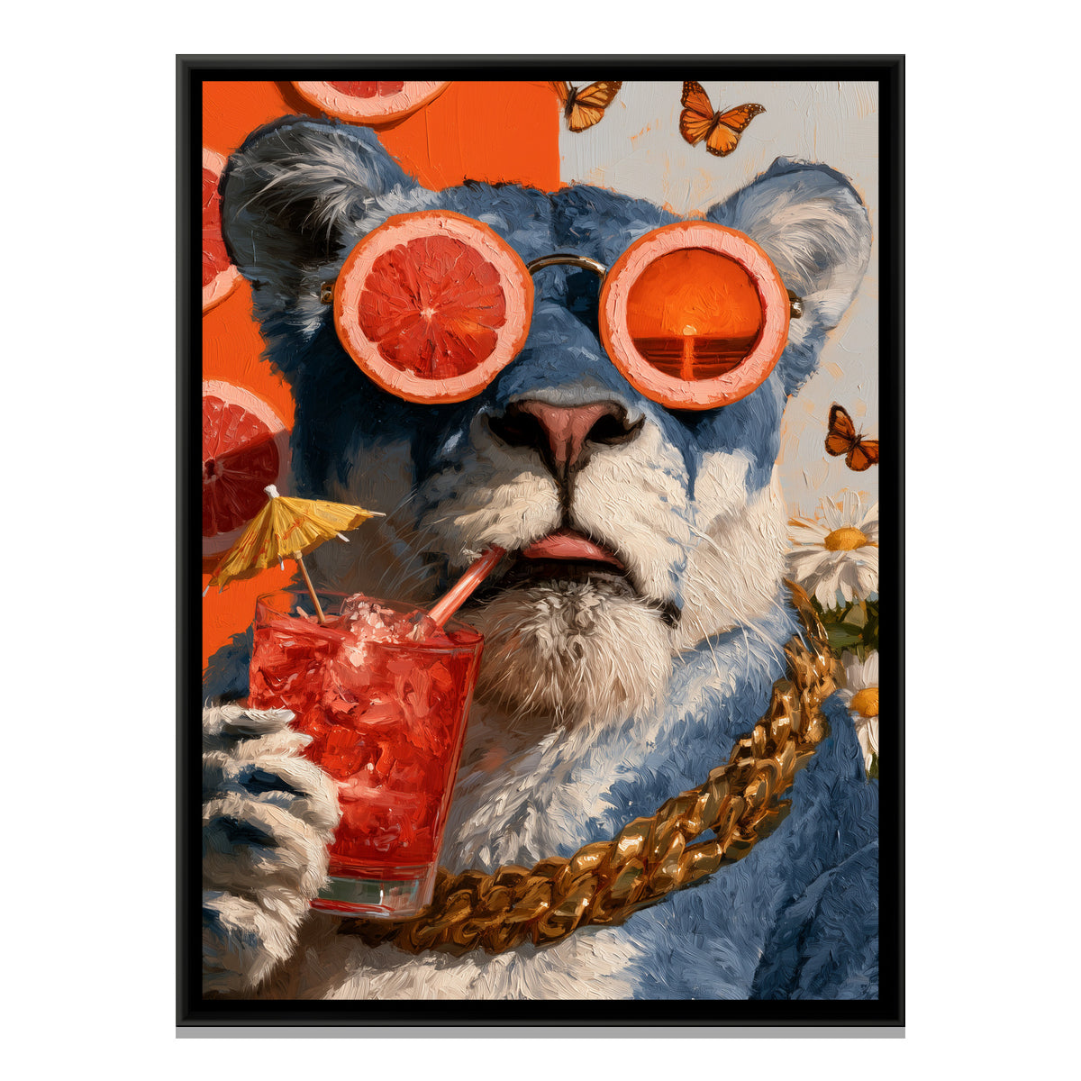 Lioness in Sunglasses — framed canvas print, front view