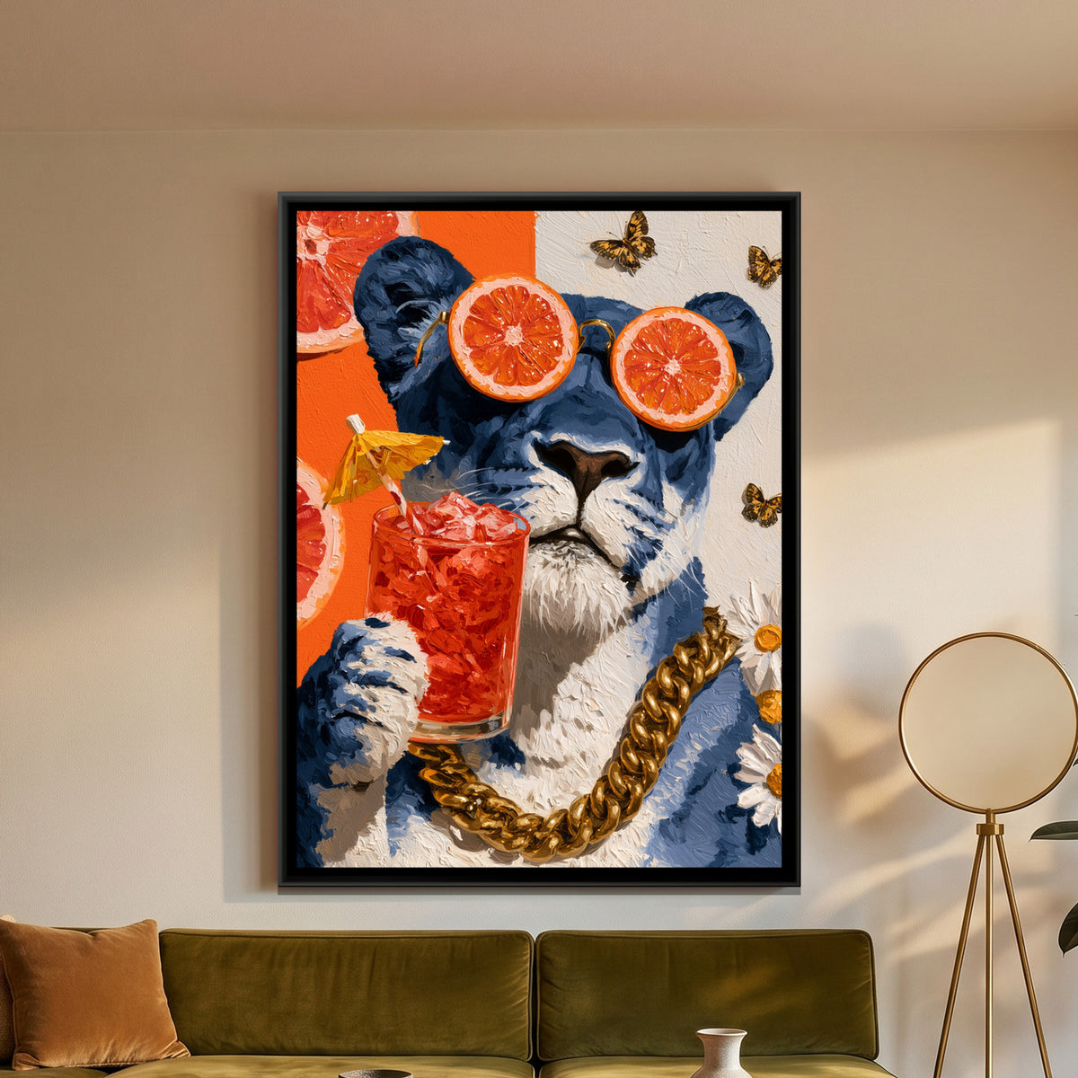 Lioness in Sunglasses — framed canvas art hung on a wall