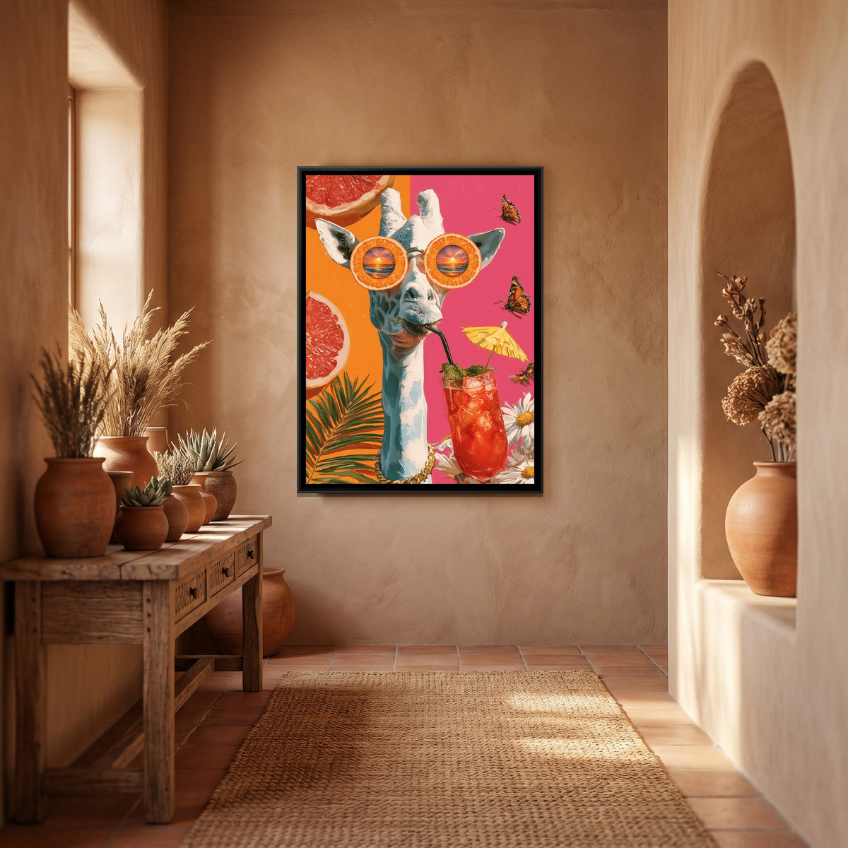 Giraffe in Sunglasses — canvas art shown in a styled room