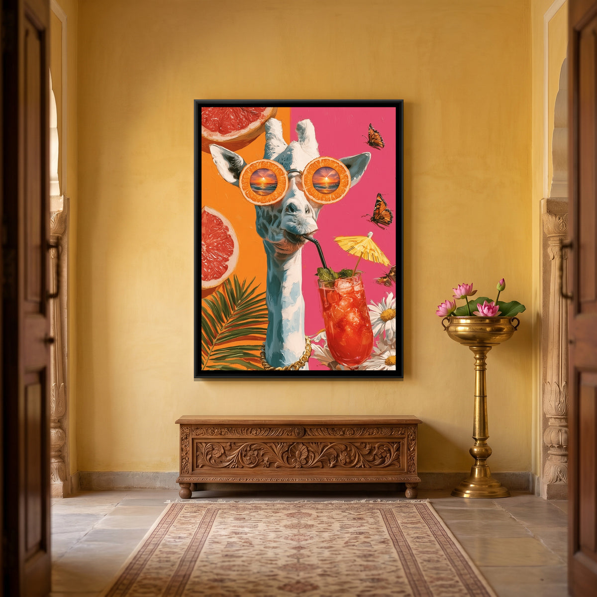 Giraffe in Sunglasses — canvas art shown in a second room setting