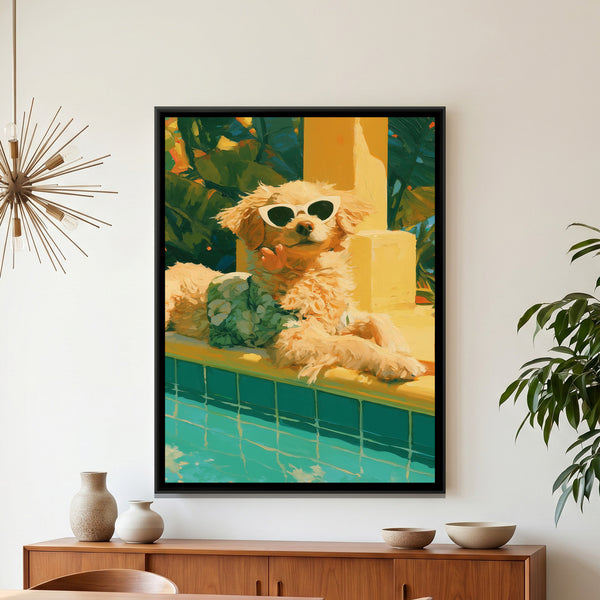 Dog in Sunglasses — framed canvas art hung on a wall