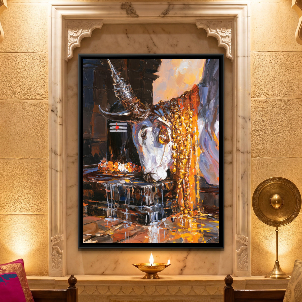 Nandi Ji with Shivling — framed canvas art hung on a wall