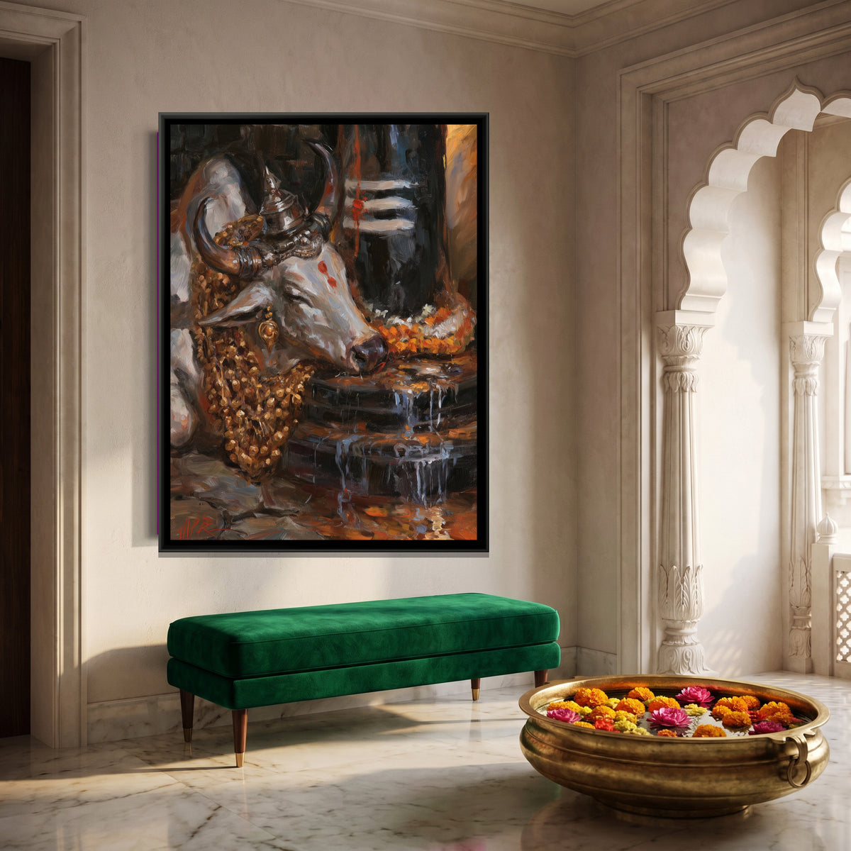 Nandi Ji with Shivling — canvas art shown in a second room setting
