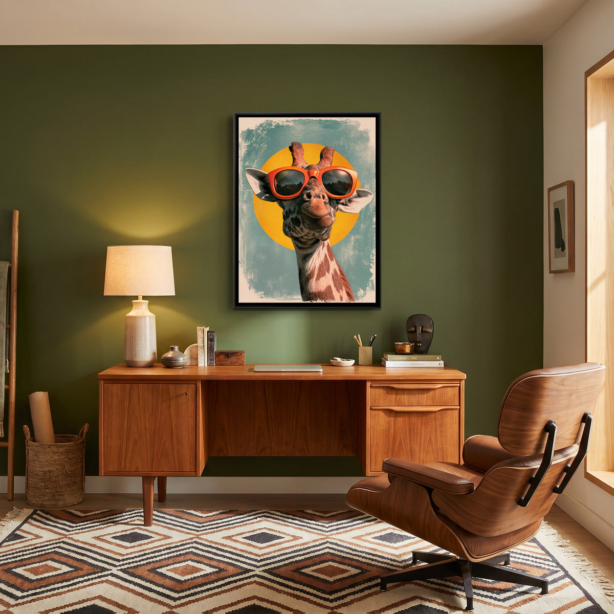 Giraffe in Sunglasses — canvas art shown in a styled room