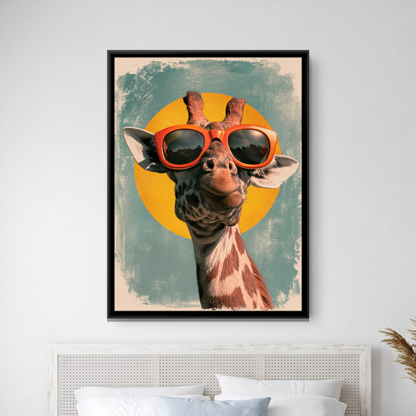 Giraffe in Sunglasses — framed canvas art hung on a wall