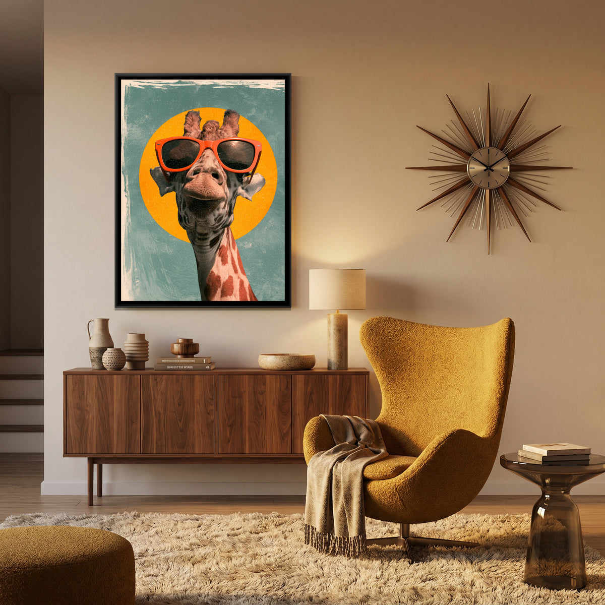 Giraffe in Sunglasses — canvas art shown in a styled room
