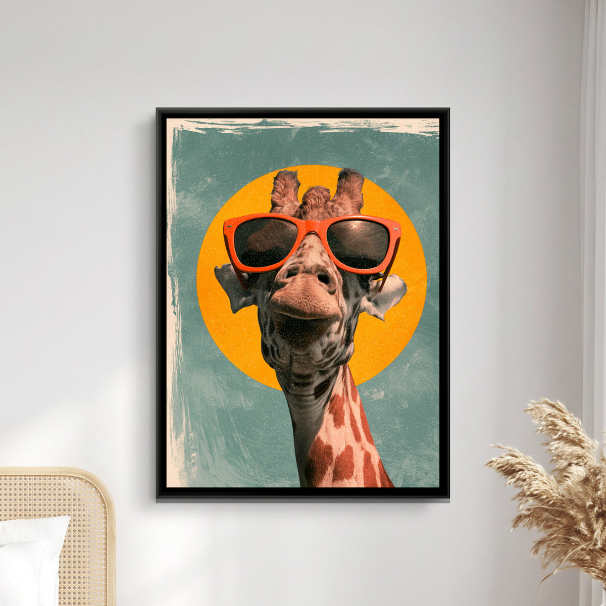 Giraffe in Sunglasses — framed canvas art hung on a wall