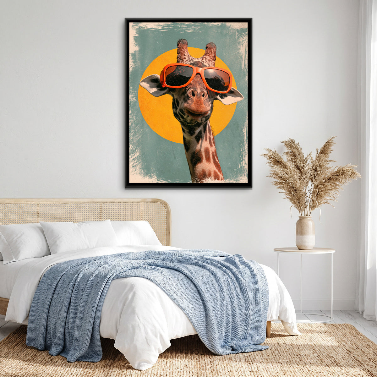 Giraffe in Sunglasses — canvas art shown in a styled room