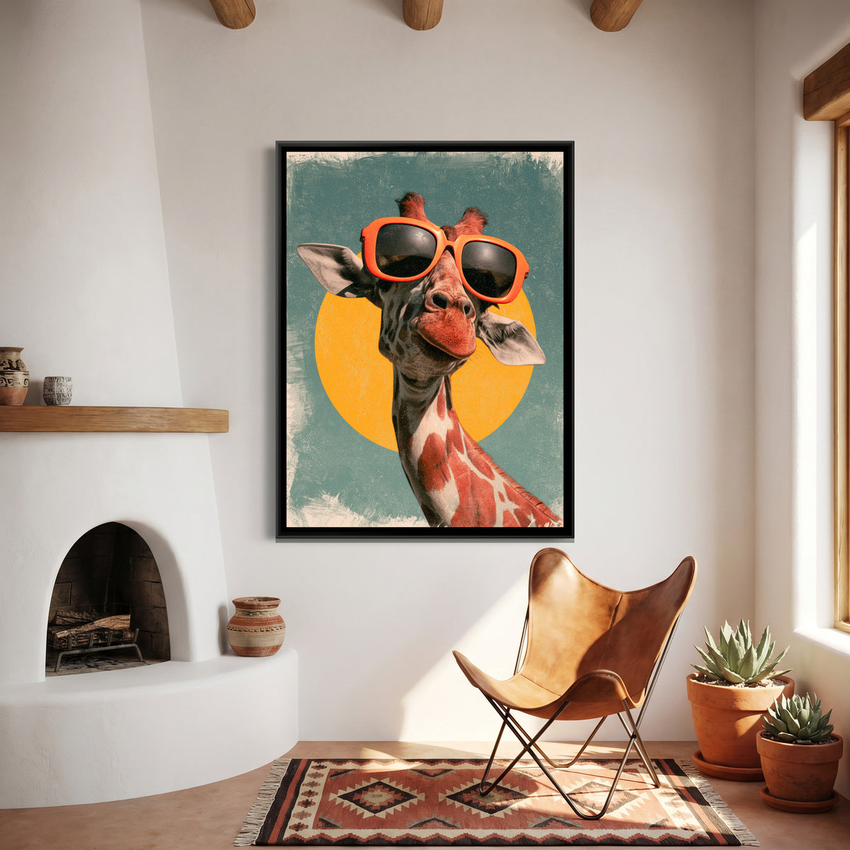 Giraffe in Sunglasses — canvas art shown in a second room setting
