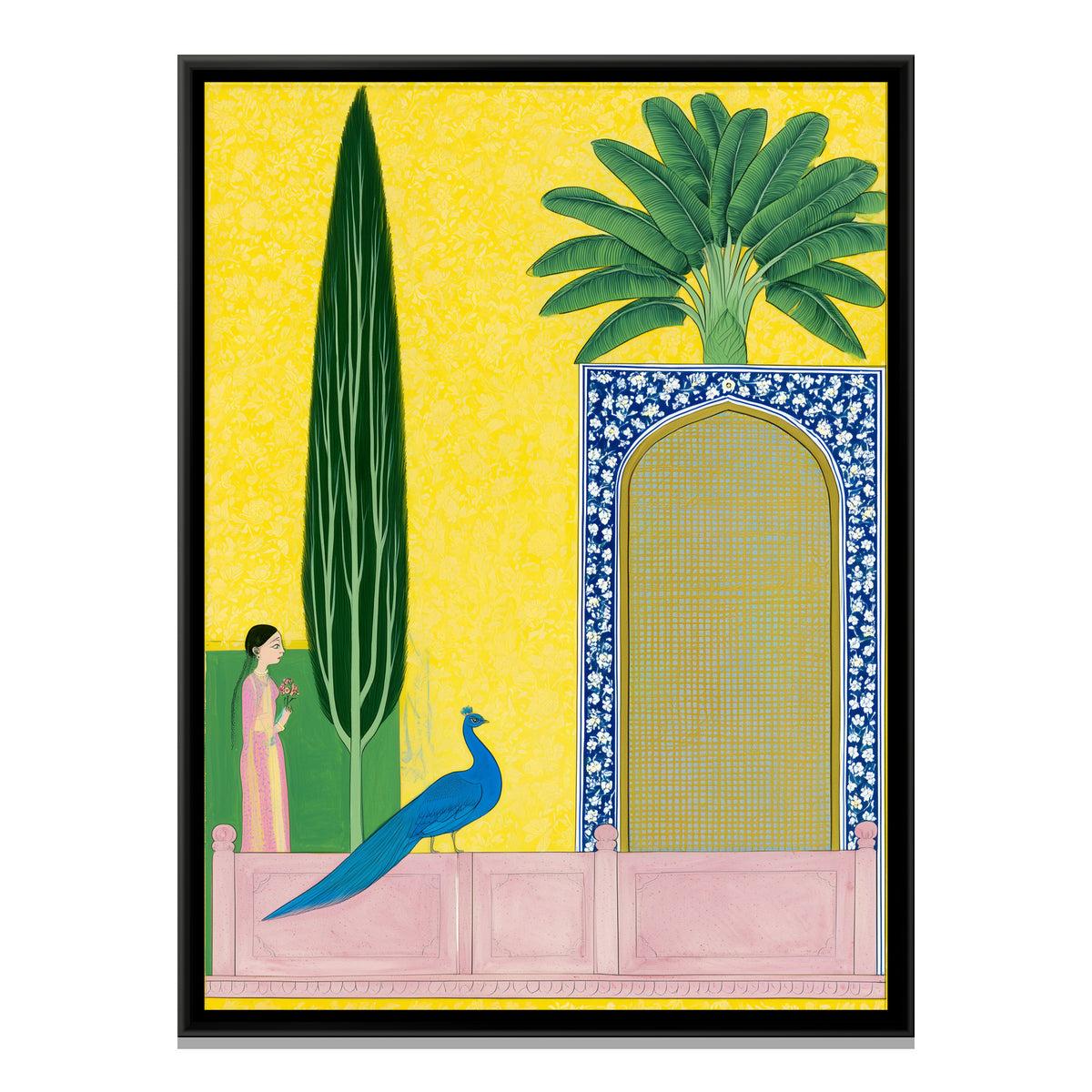 Mughal Lady with Peacock — framed canvas print, front view