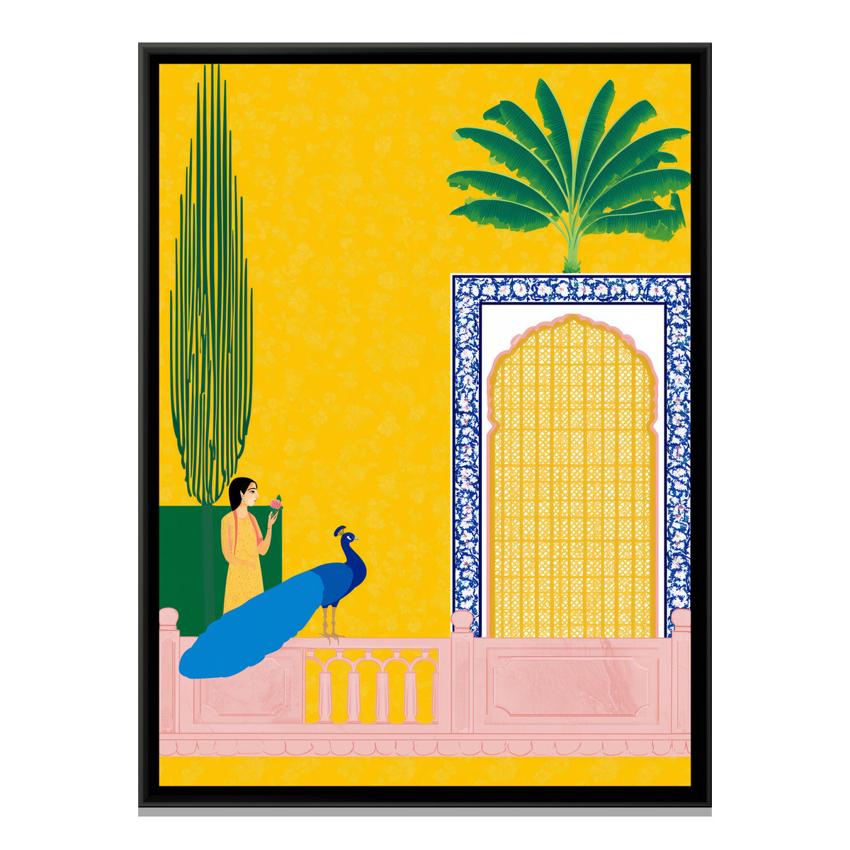 Mughal Lady with Peacock — framed canvas print, front view