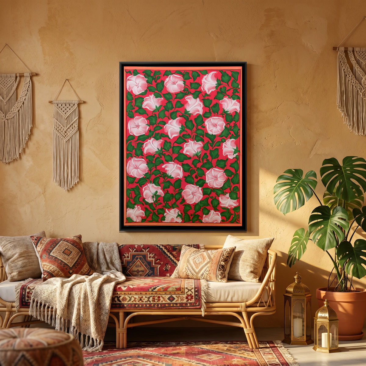 Mughal Hibiscus — canvas art shown in a second room setting