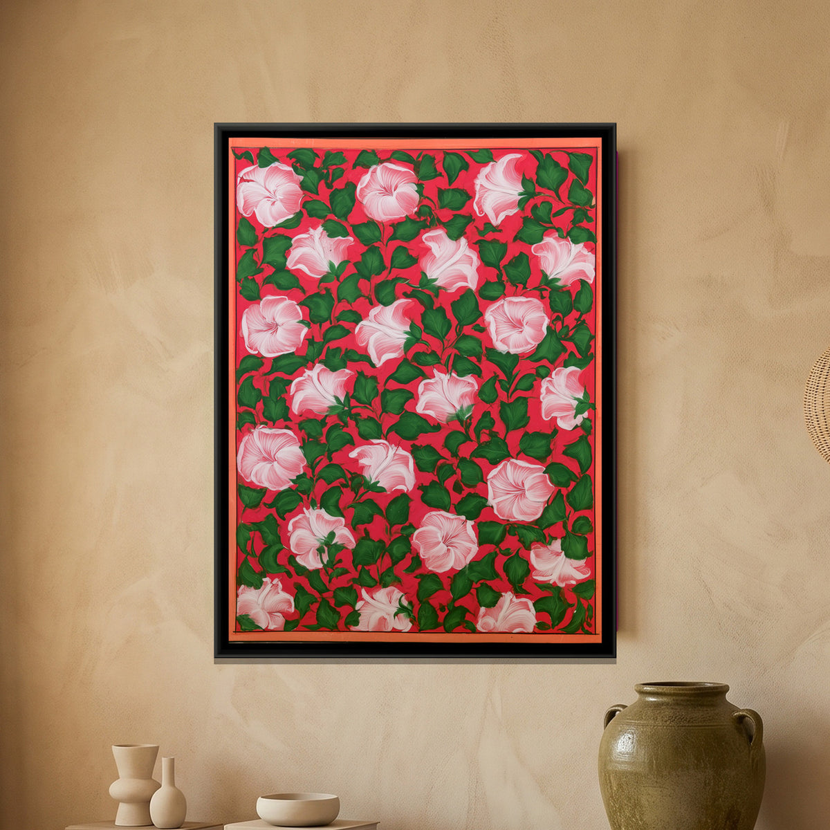 Mughal Hibiscus — framed canvas art hung on a wall