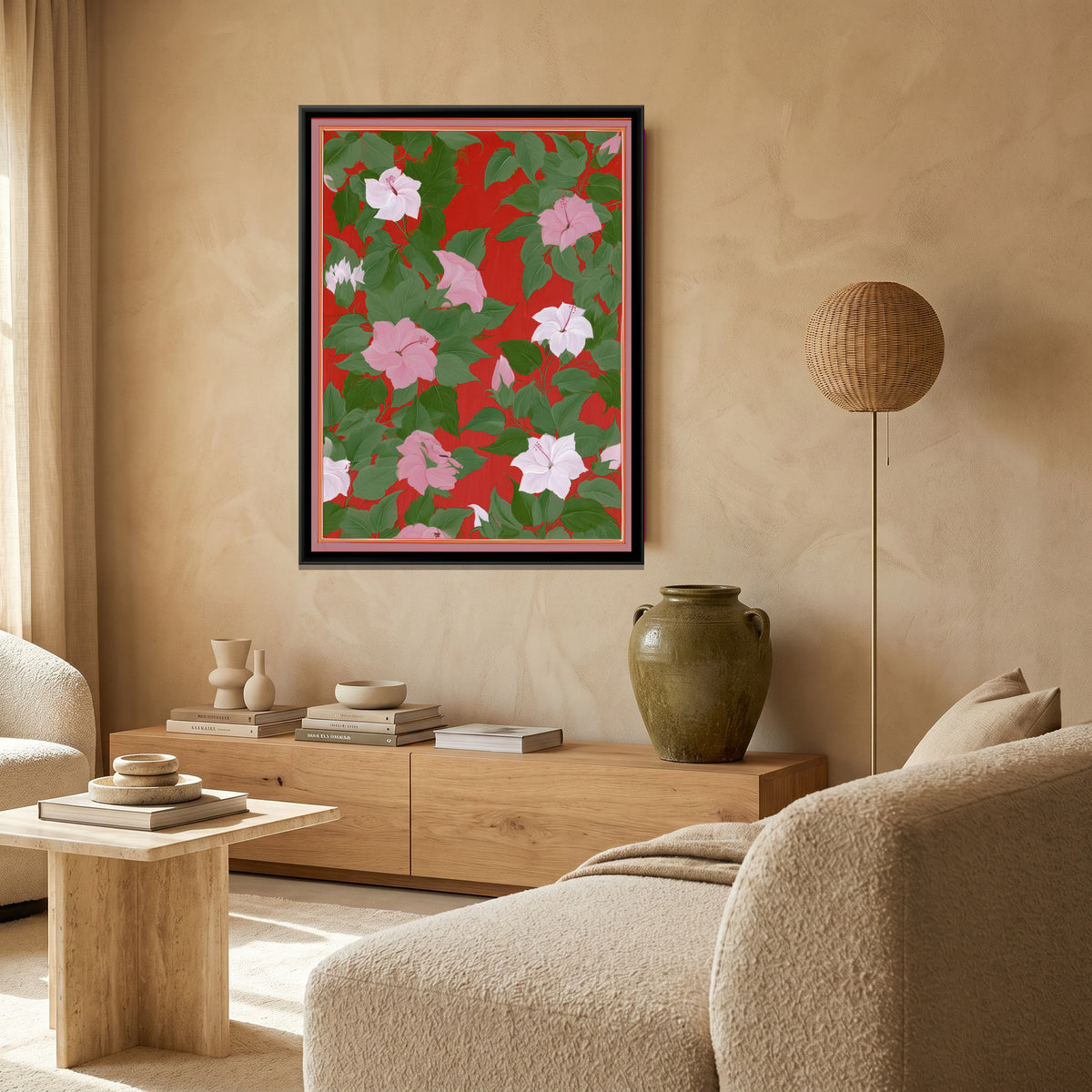 Mughal Hibiscus — canvas art shown in a second room setting