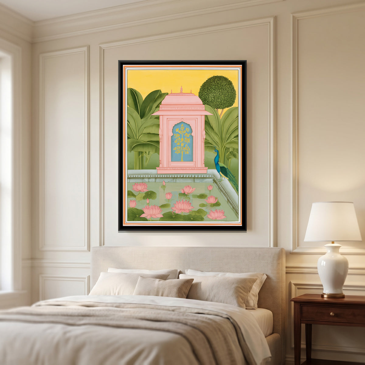 Pichwai Lotus Pond — canvas art shown in a styled room
