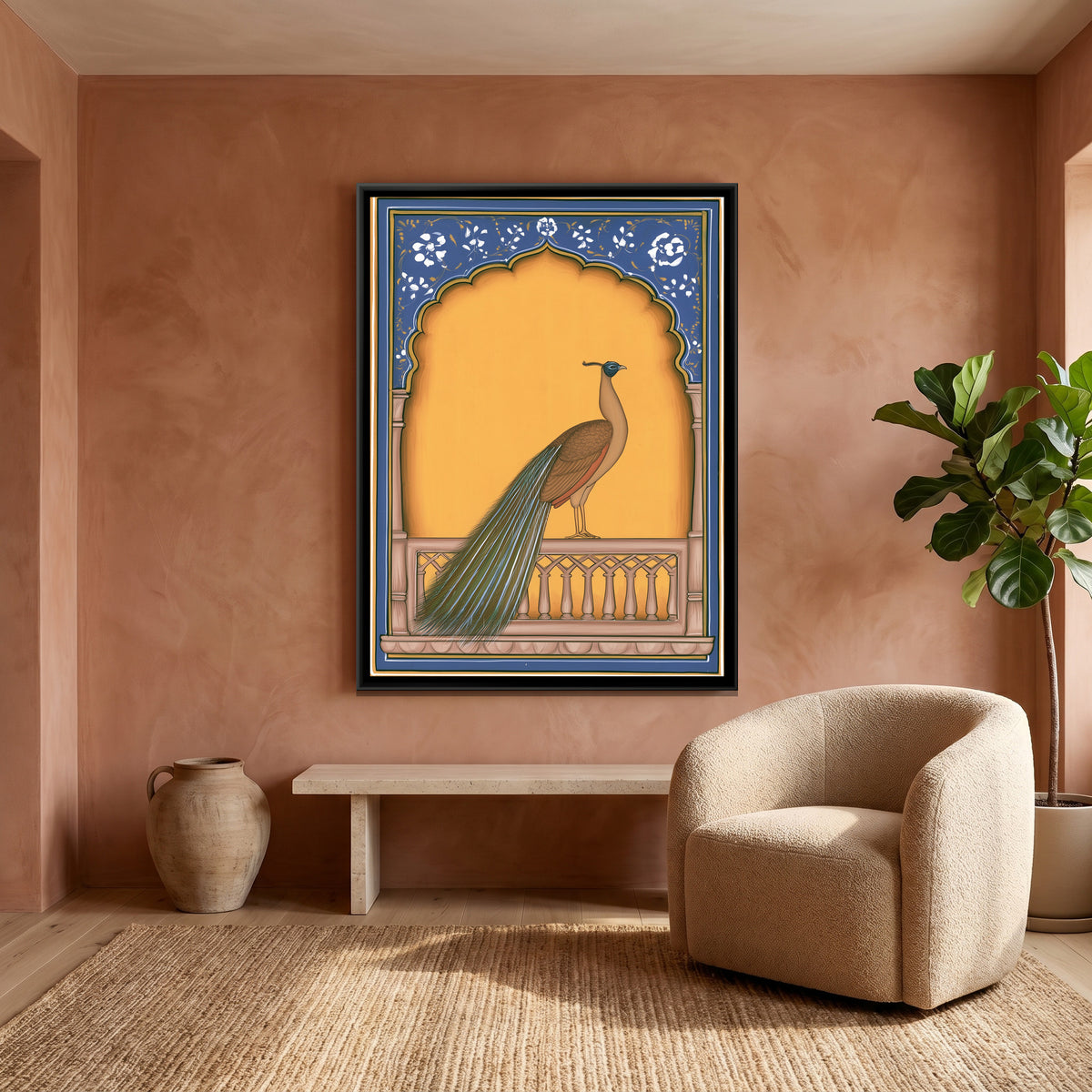 Peacock on Balcony — canvas art shown in a second room setting
