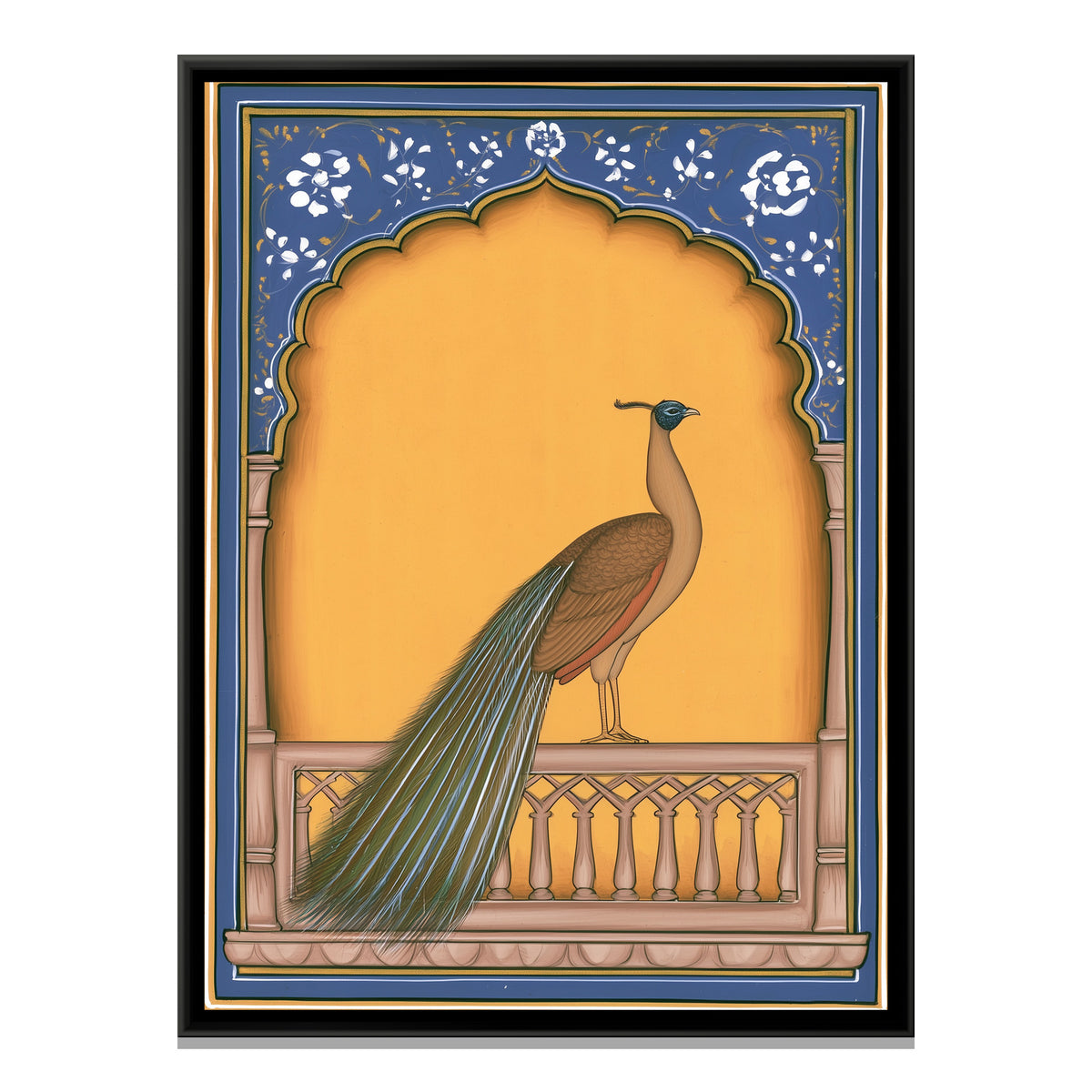 Peacock on Balcony — framed canvas print, front view