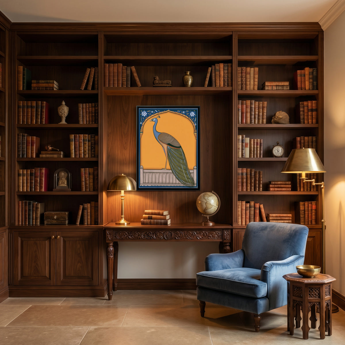 Peacock on Balcony — canvas art shown in a styled room