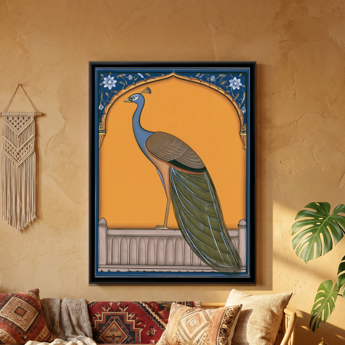 Peacock on Balcony — framed canvas art hung on a wall