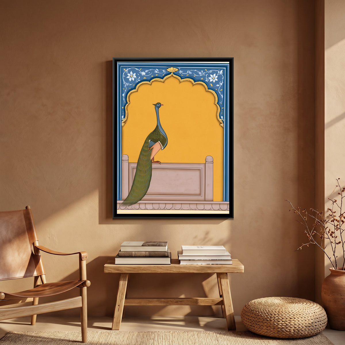 Peacock on Balcony — canvas art shown in a second room setting