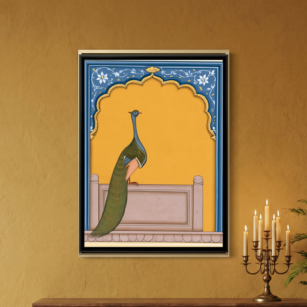 Peacock on Balcony — framed canvas art hung on a wall
