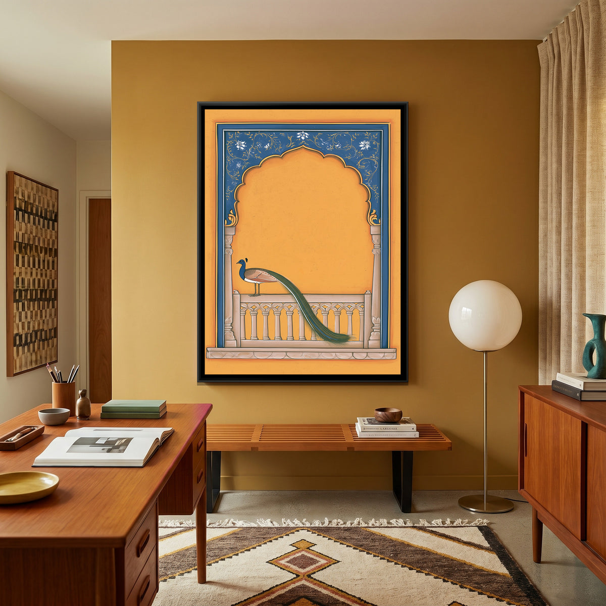 Peacock on Balcony — canvas art shown in a styled room